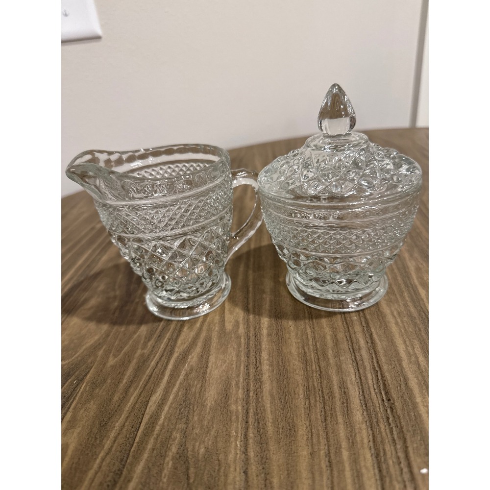 Vintage Indiana Glass Creamer and Sugar Bowl Set Clear Diamond Point With Lid